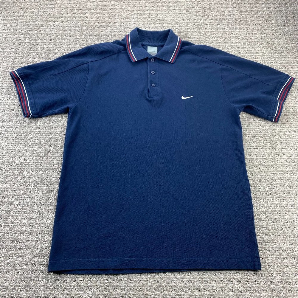 Vintage Nike Polo Shirt Men Large L Navy Blue Embroidered Chest Swoosh Sports